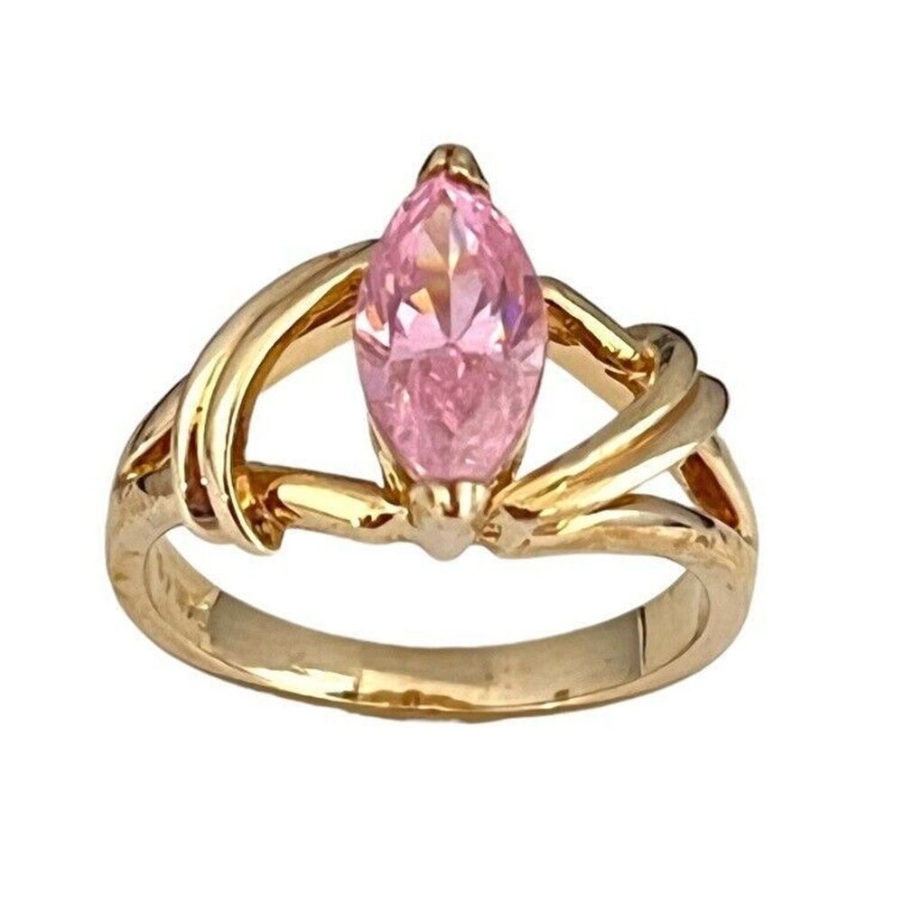Vintage 1980s Pink CZ Marquise Ring Size 8 14KTGE Gold Plate - 14D